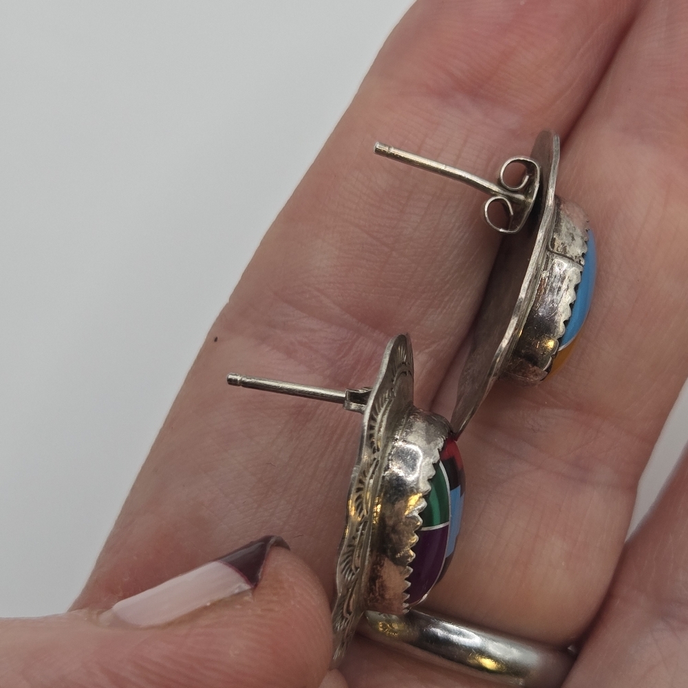 Sterling Silver Inlay Navajo Stud Earrings Richard Begay Native Artist Vintage - Picture 7 of 12